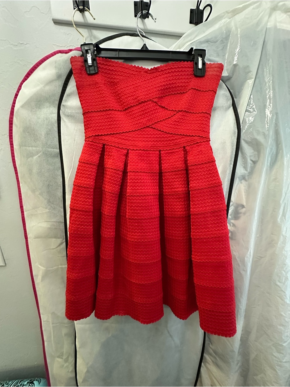 Dee Elle Red Strapless Textured Fit & Flare Cocktail Party Dress